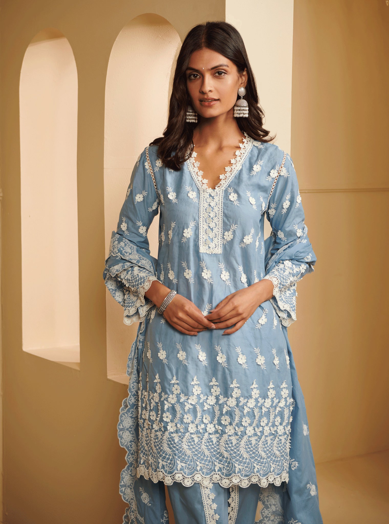 Mulmul Cotton Tilari Blue Kurta With Tilari Blue Dhoti pant