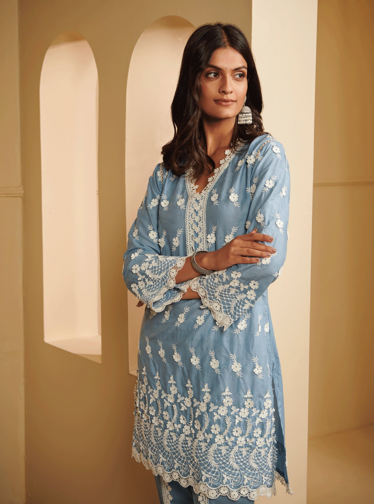 Mulmul Cotton Tilari Blue Kurta With Tilari Blue Dhoti pant