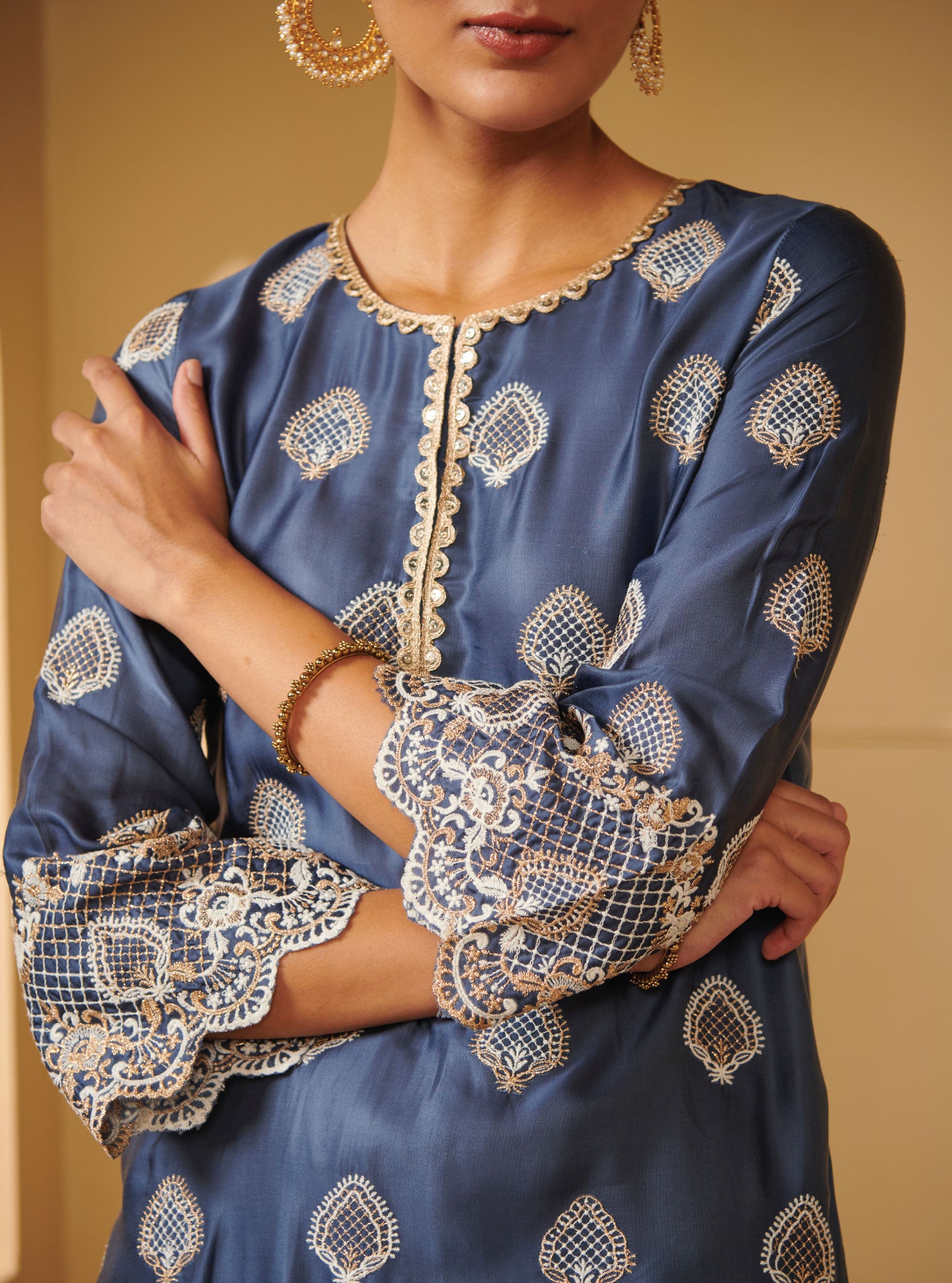 Mulmul Cupro Silk Atya Blue Kurta With Atya Blue Pant