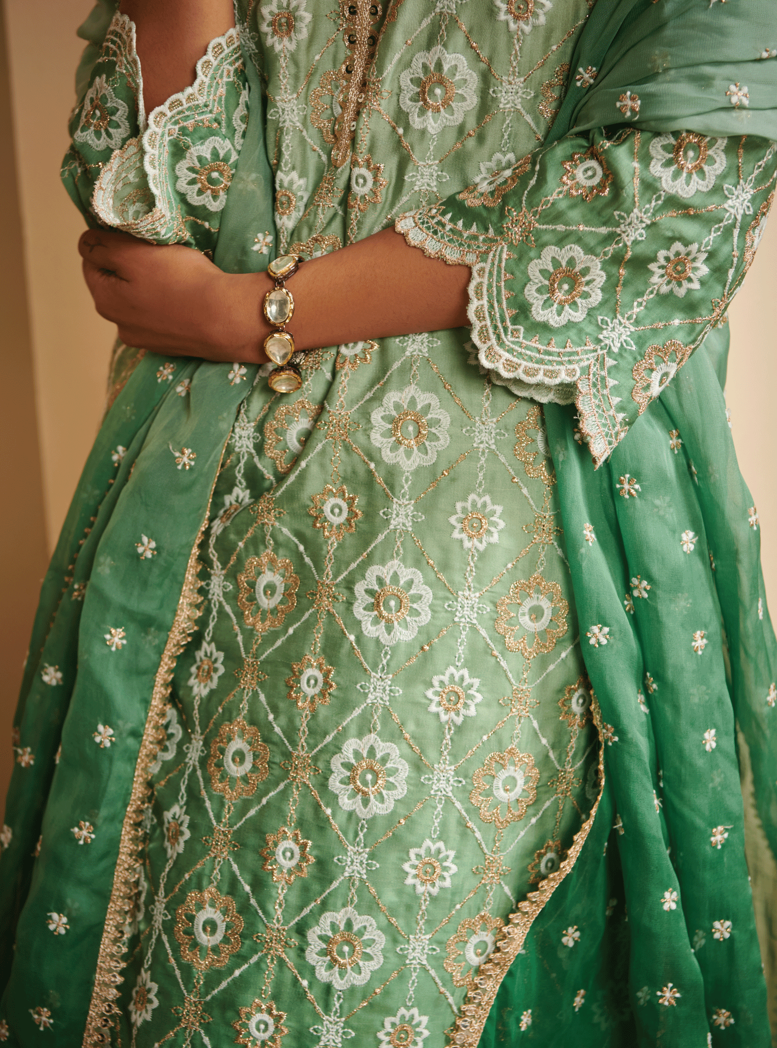 Mulmul Cupro Silk Avisa Green Kurta With Avisa Green Skirt