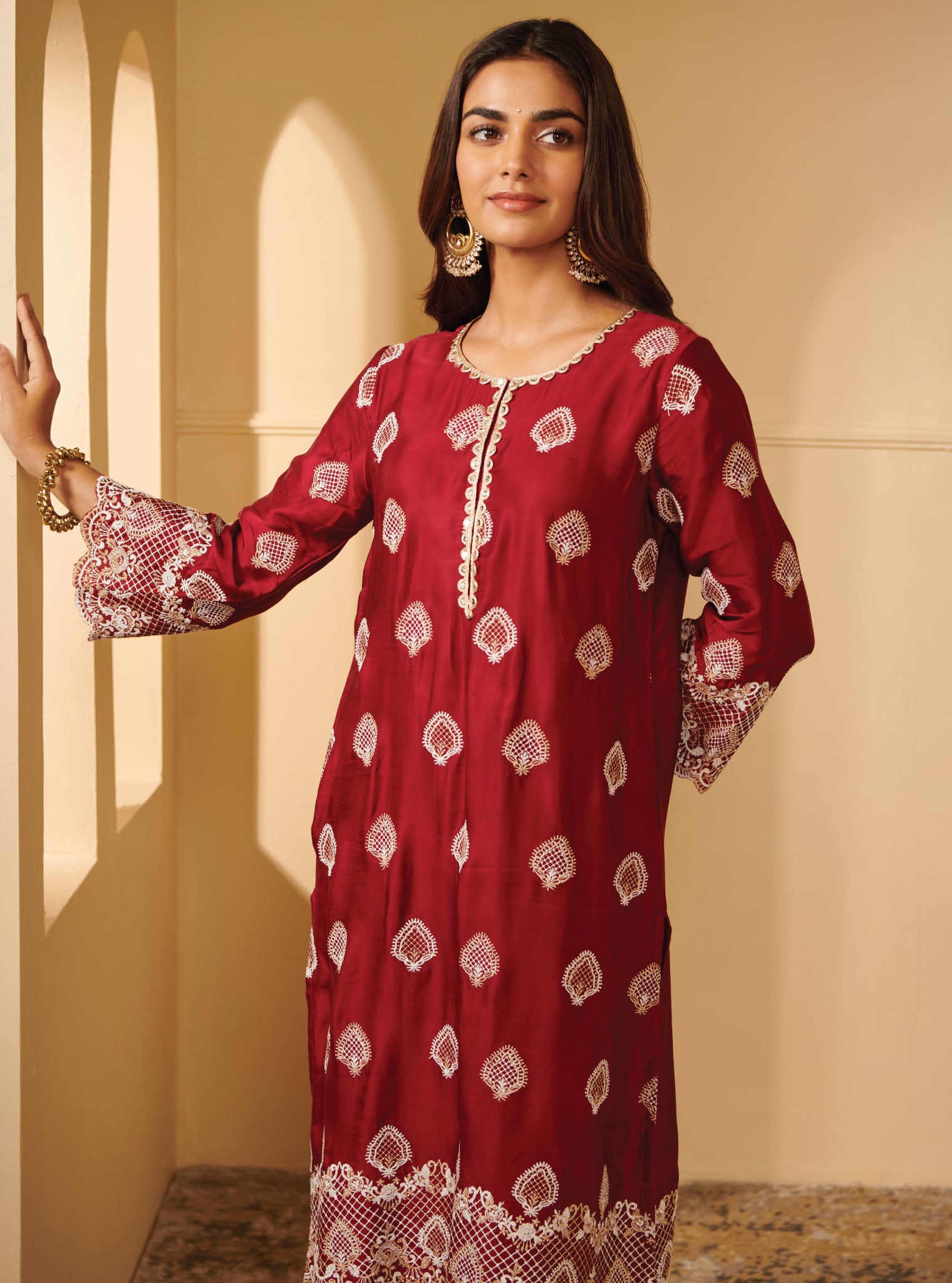 Mulmul Cupro Silk Atya Wine Kurta With Atya Wine Pant