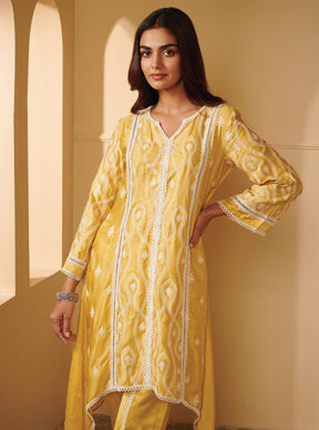 Mulmul Cupro Silk Semya Yellow Kurta With Semya Yellow Dhoti Pant