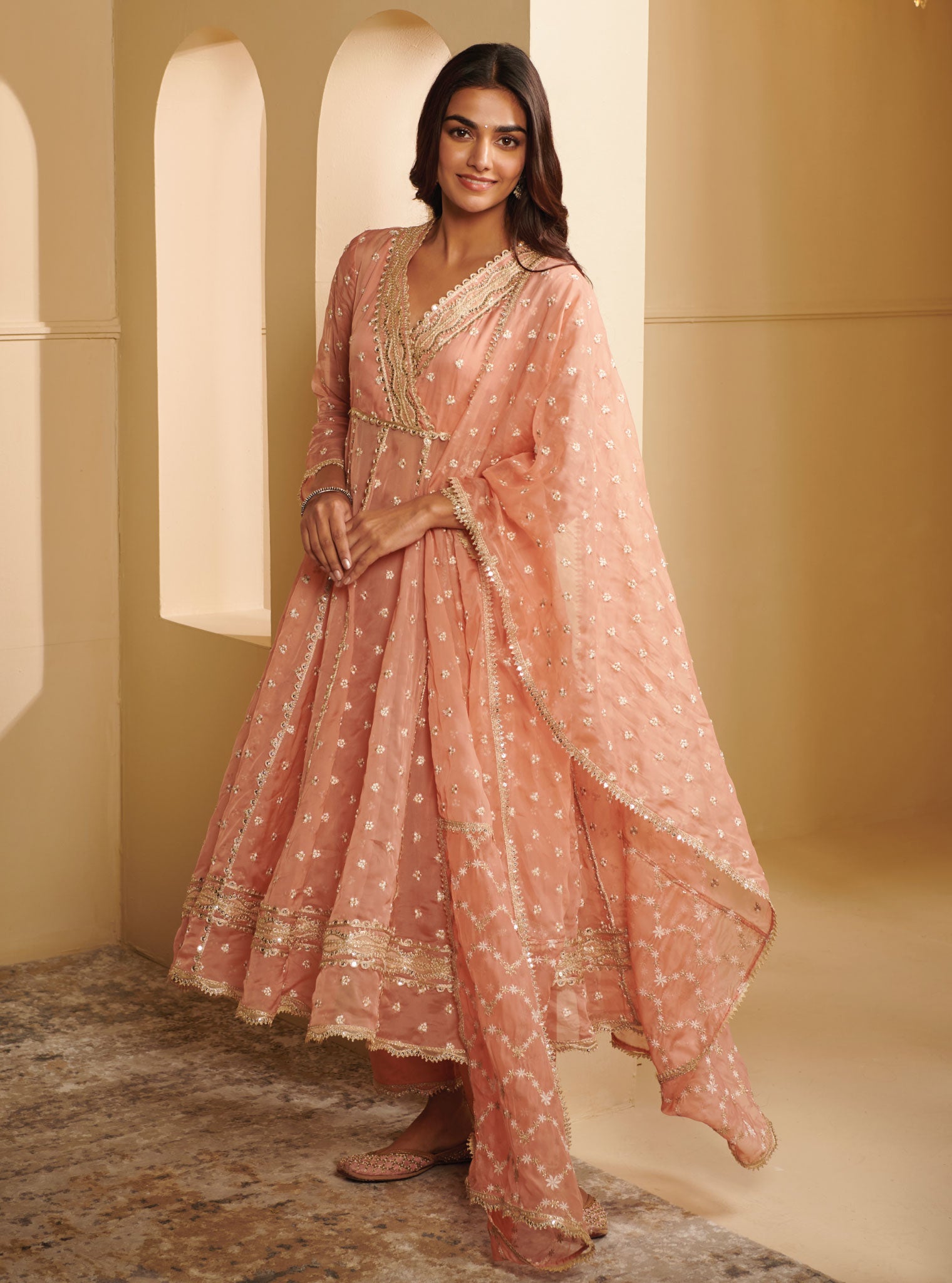 Mulmul Organza Ancita Anarkali Rose Kurta With Mulmul Pima Satin Ancita Rose Pant