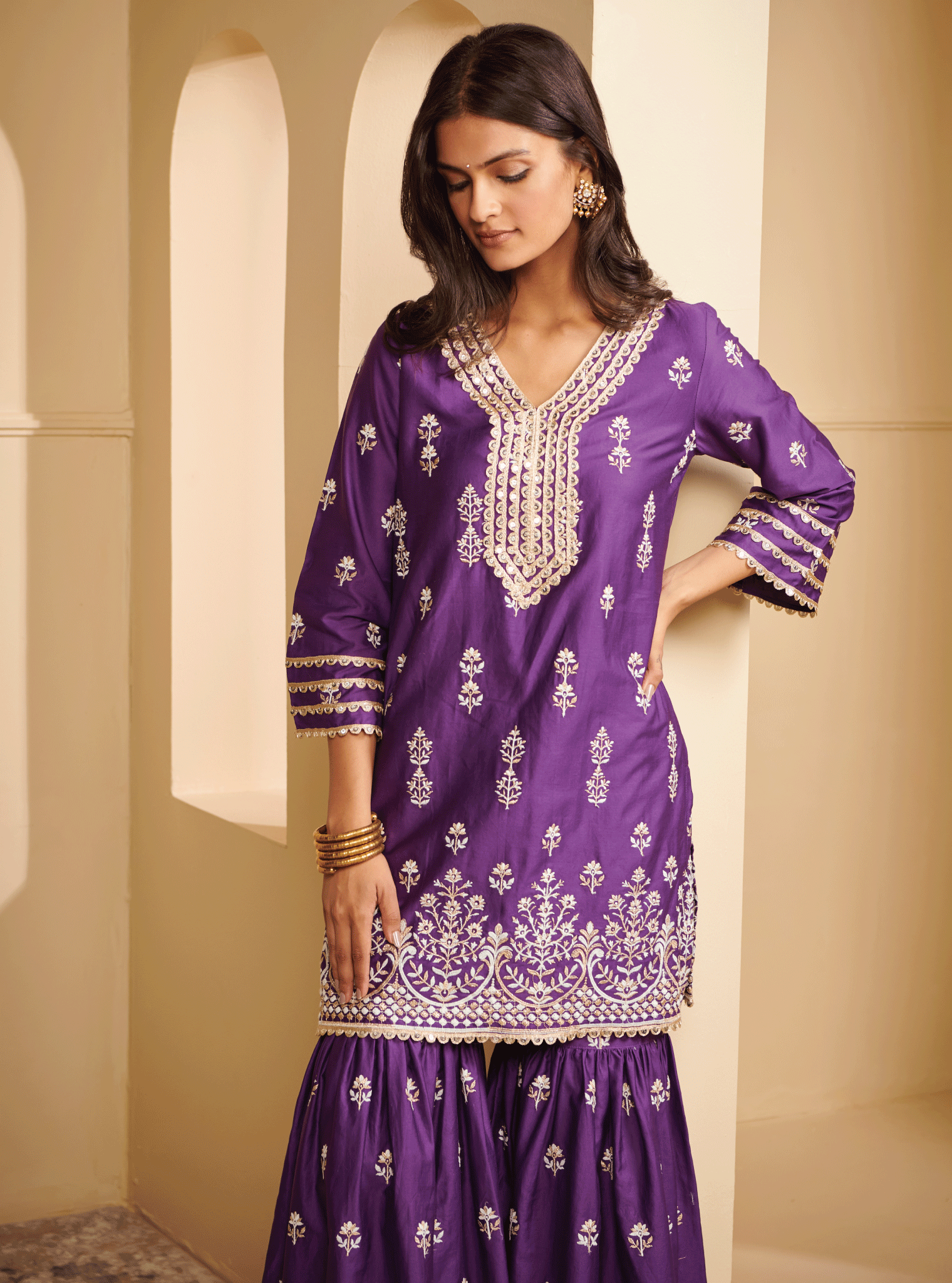 Mulmul Pima Satin Avathi Purple Kurta With Avathi Purple Garara