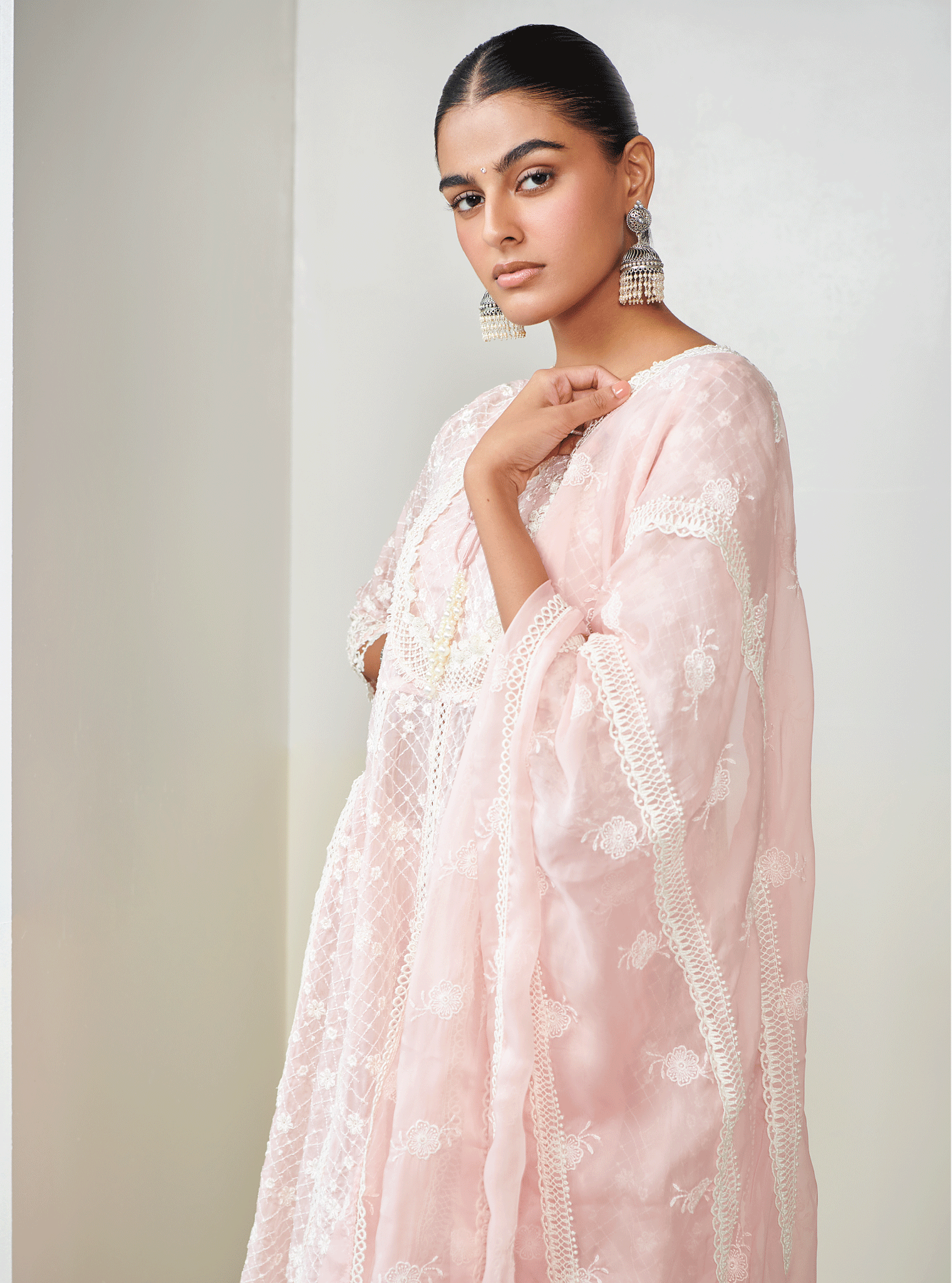 Mulmul Organza Zola Anarkali Pink Kurta With Mulmul Cotton Zola Pink Pant