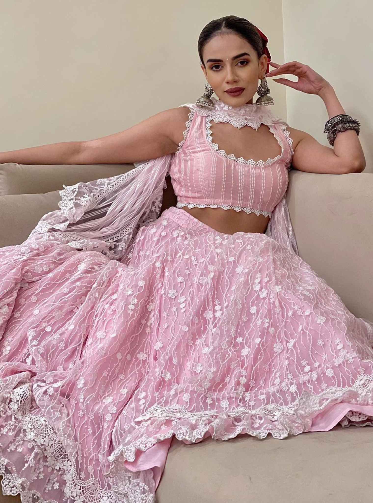 Mulmul Kasauli Pink Net Lehenga