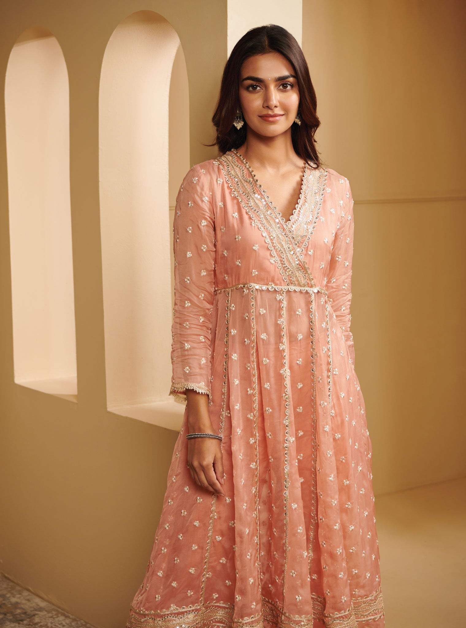 Mulmul Organza Ancita Anarkali Rose Kurta With Mulmul Pima Satin Ancita Rose Pant