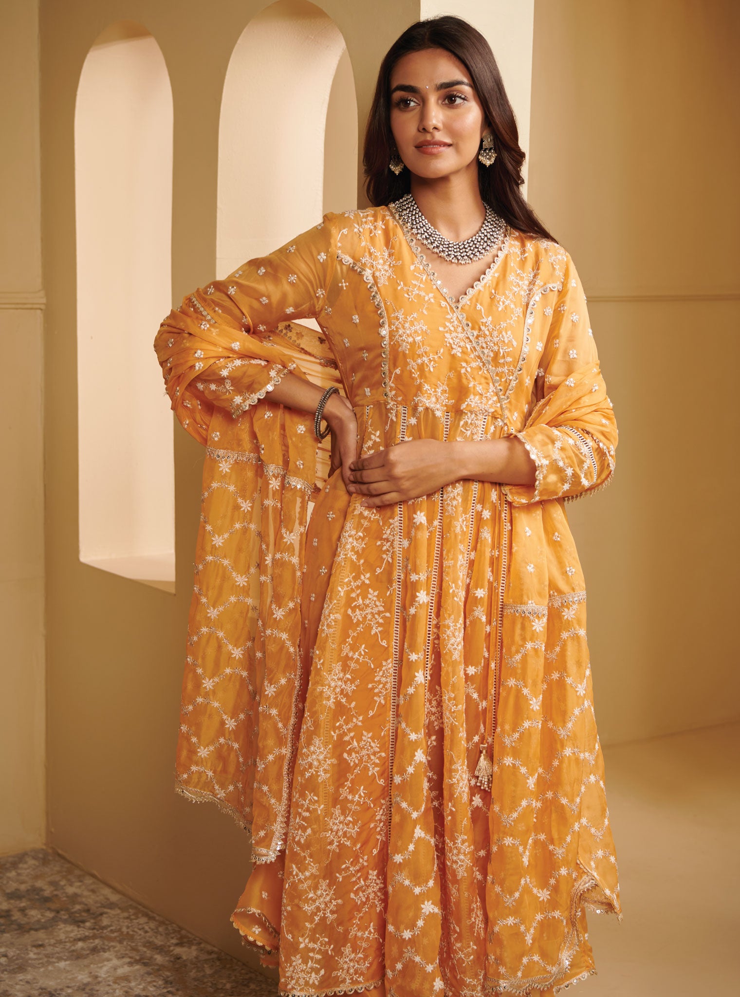 Mulmul Organza Arvati Anarkali Mango Kurta With Mulmul Pima Satin Arvati Mango Pant