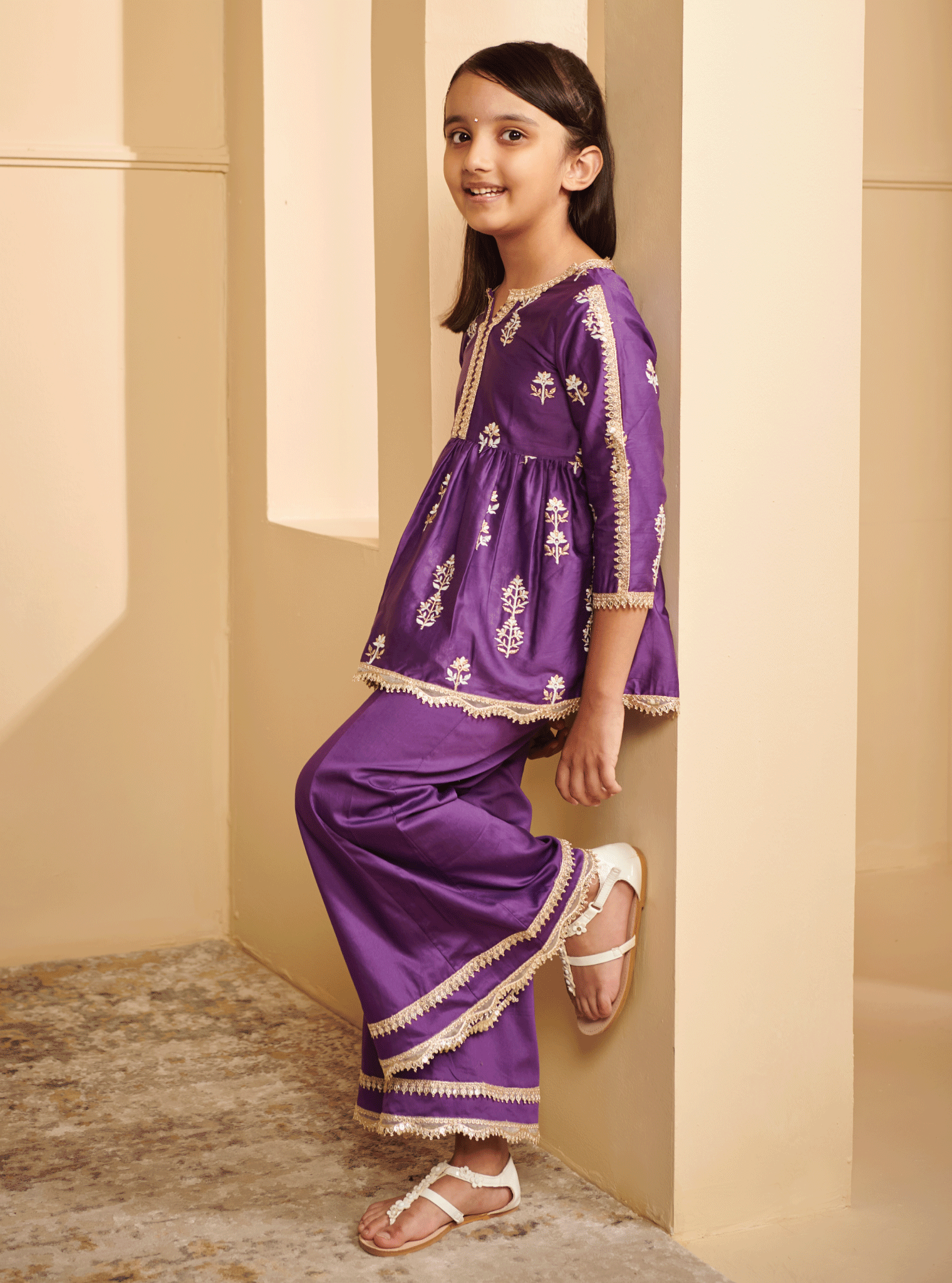 Mulmul Pima Satin Jhelum Purple Kurta With Jhelum Purple Sharara