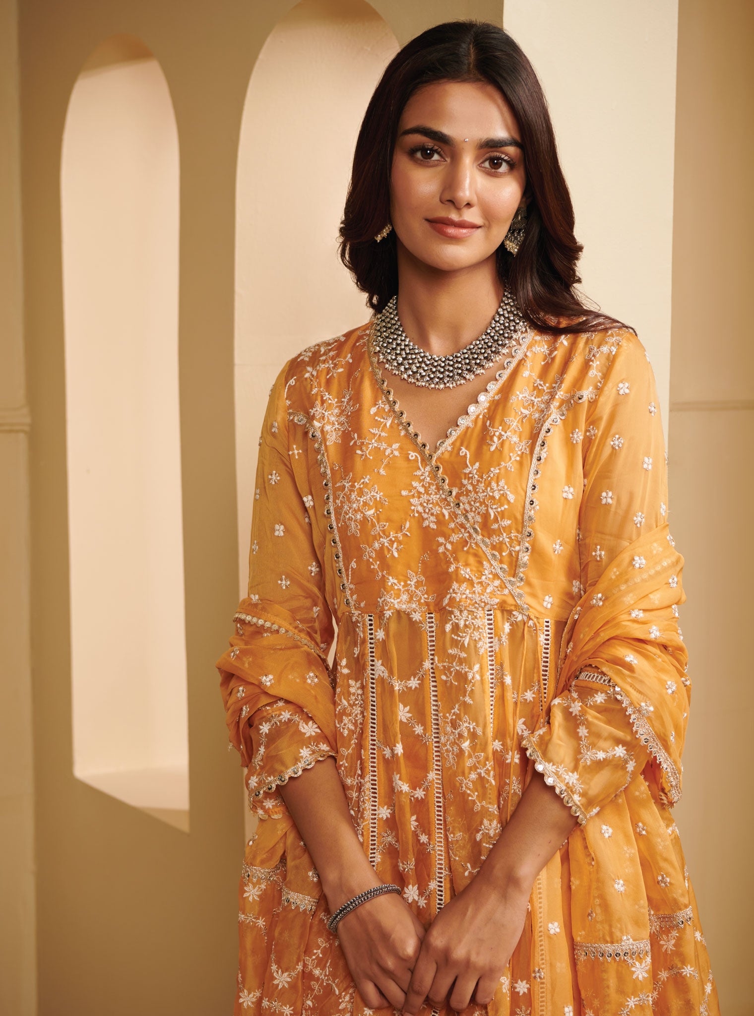 Mulmul Organza Arvati Anarkali Mango Kurta With Mulmul Pima Satin Arvati Mango Pant