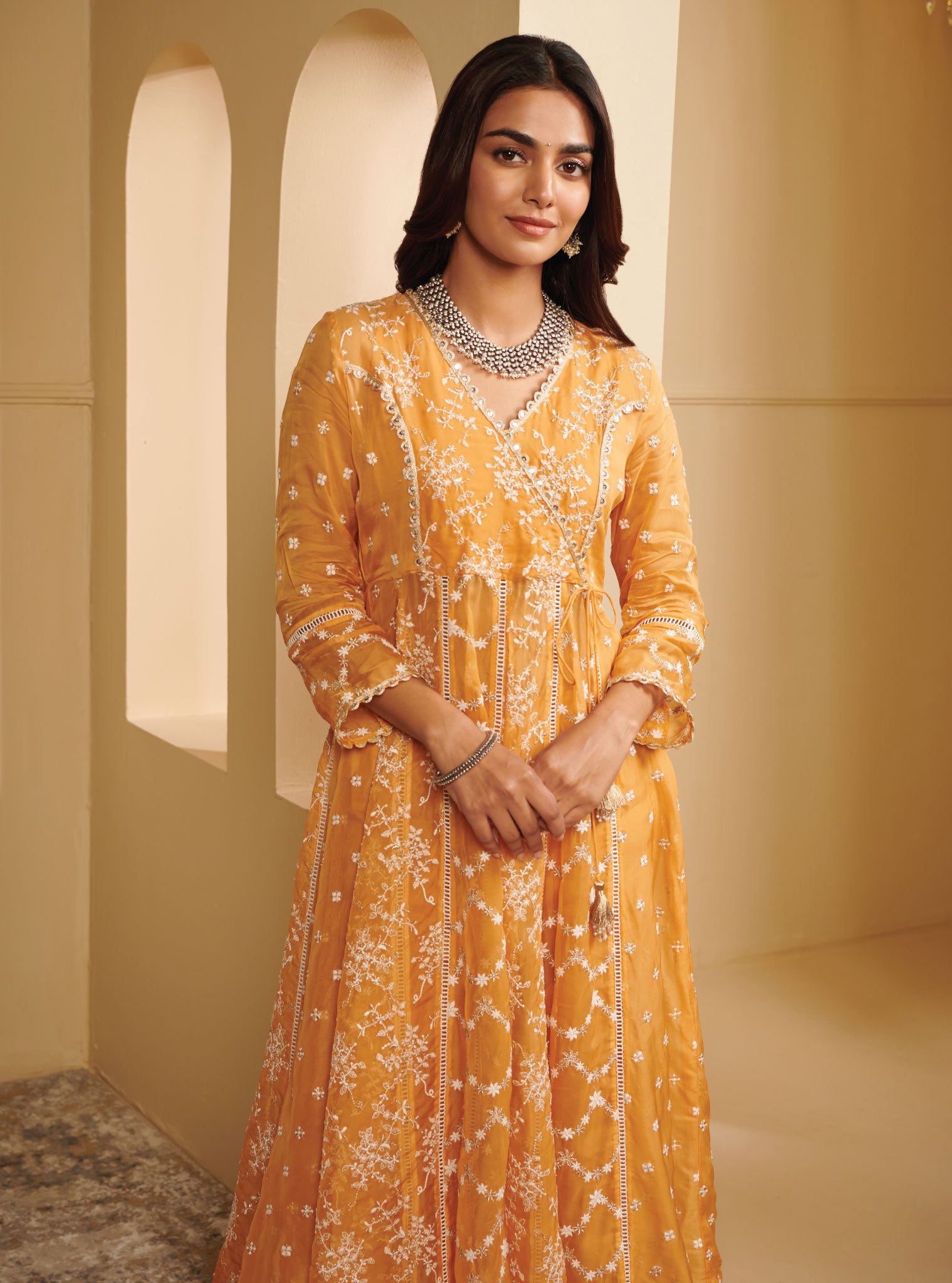 Mulmul Organza Arvati Anarkali Mango Kurta With Mulmul Pima Satin Arvati Mango Pant