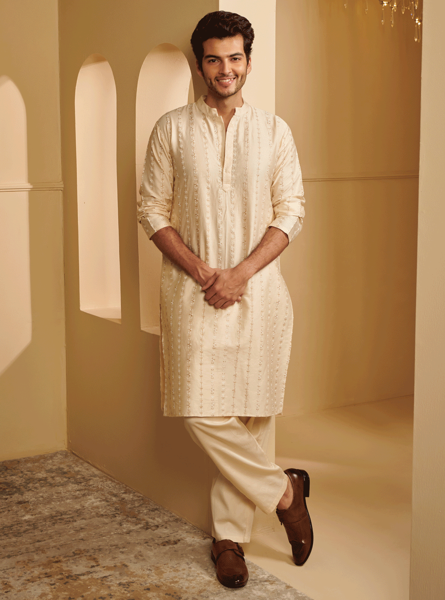 Pensri Pima Satin Off White Kurta Set