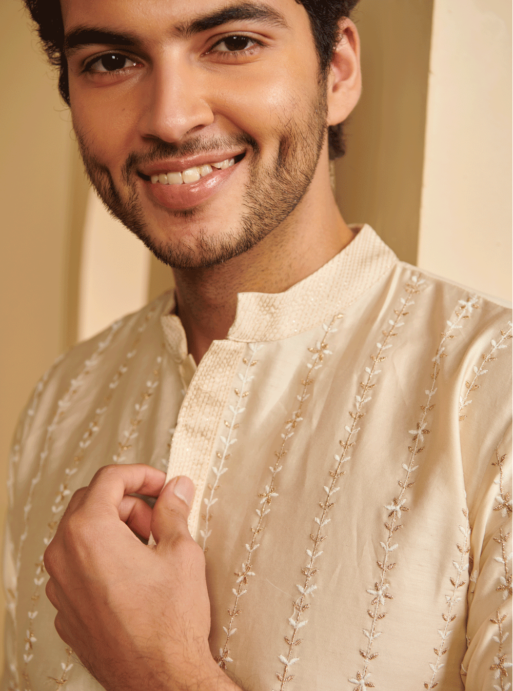 Mulmul Pima Satin Elio light blue Kurta With Mulmul Supima Cotton Elio White Pyajama