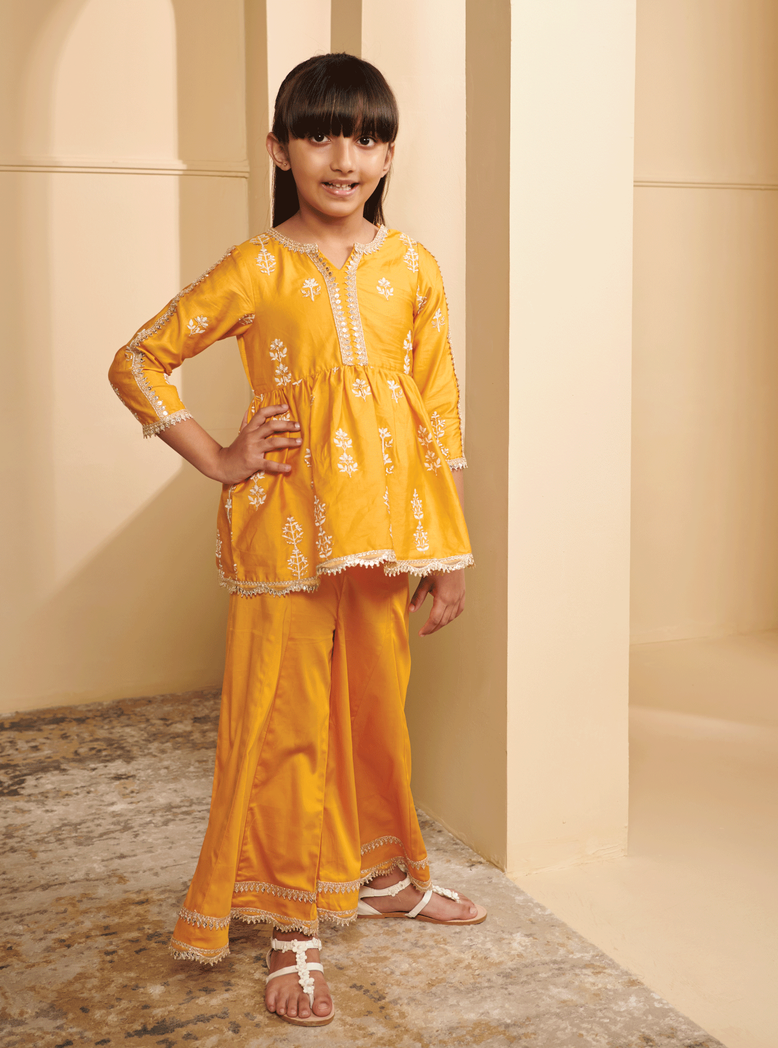 Mulmul Pima Satin Jhelum Yellow Kurta With Jhelum Yellow Sharara