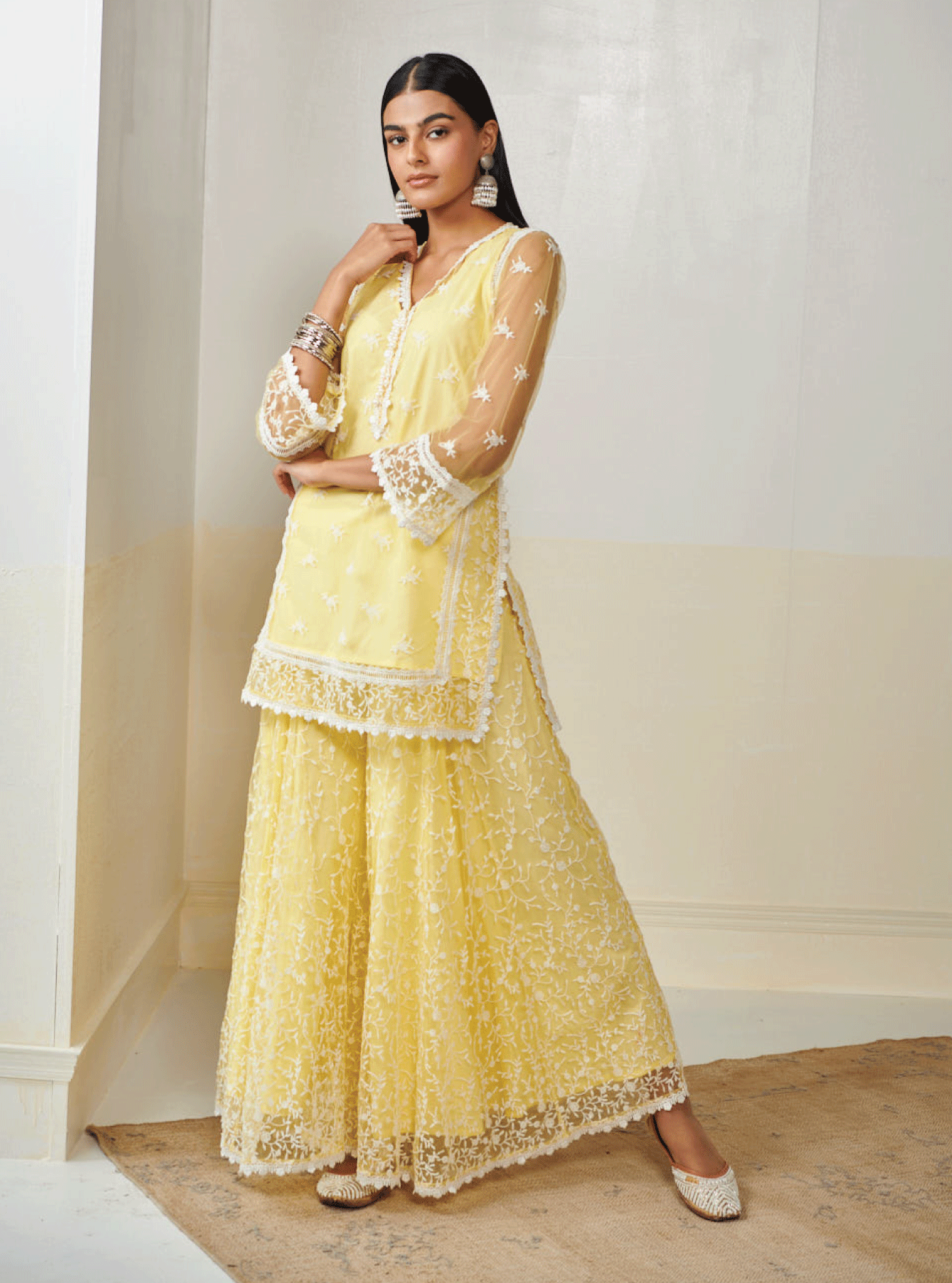 Mulmul Net Odyssey Yellow Kurta With Odyssey Yellow Sharara