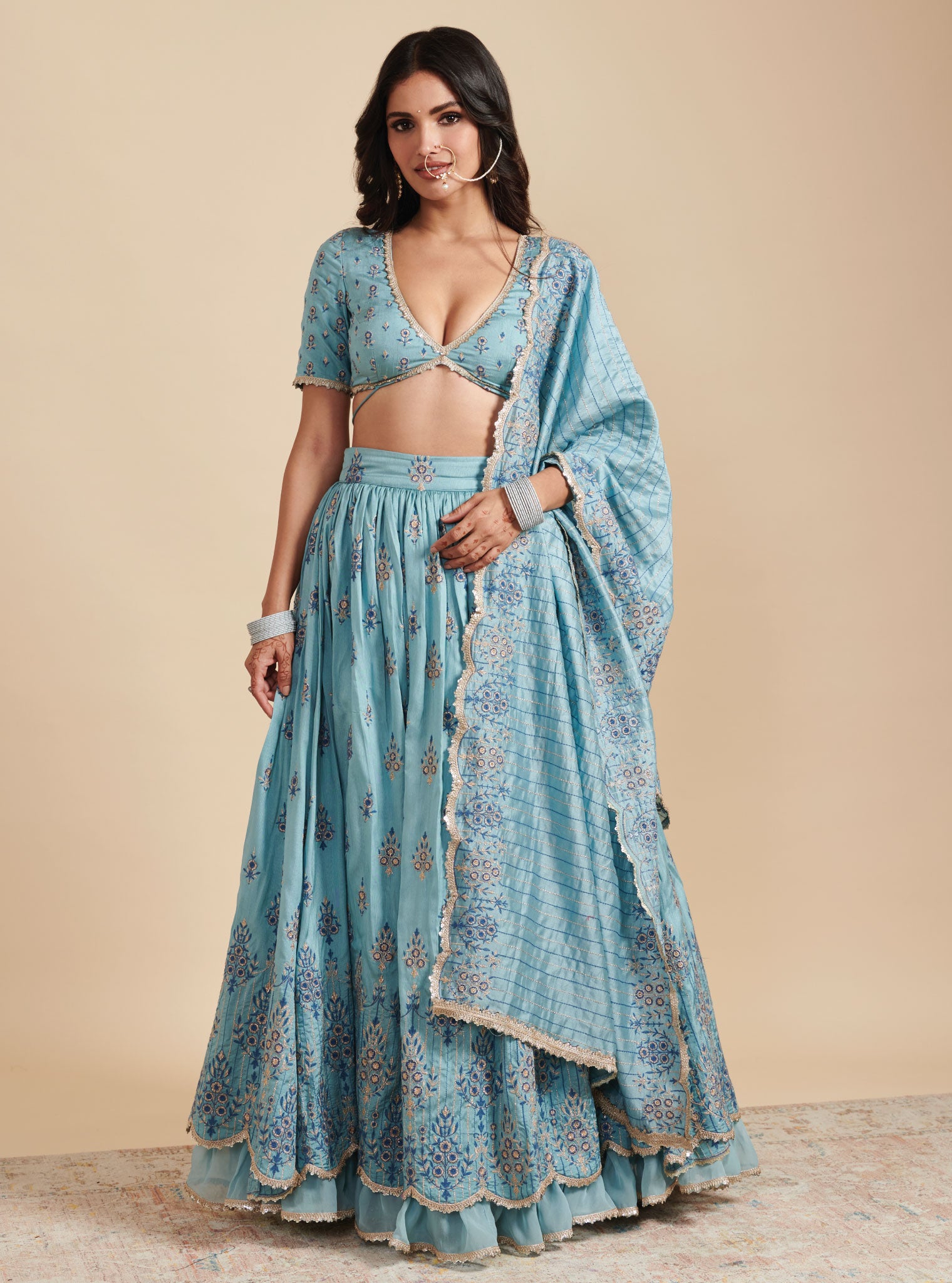 Mulmul Silk Bahaara Blue Lehenga