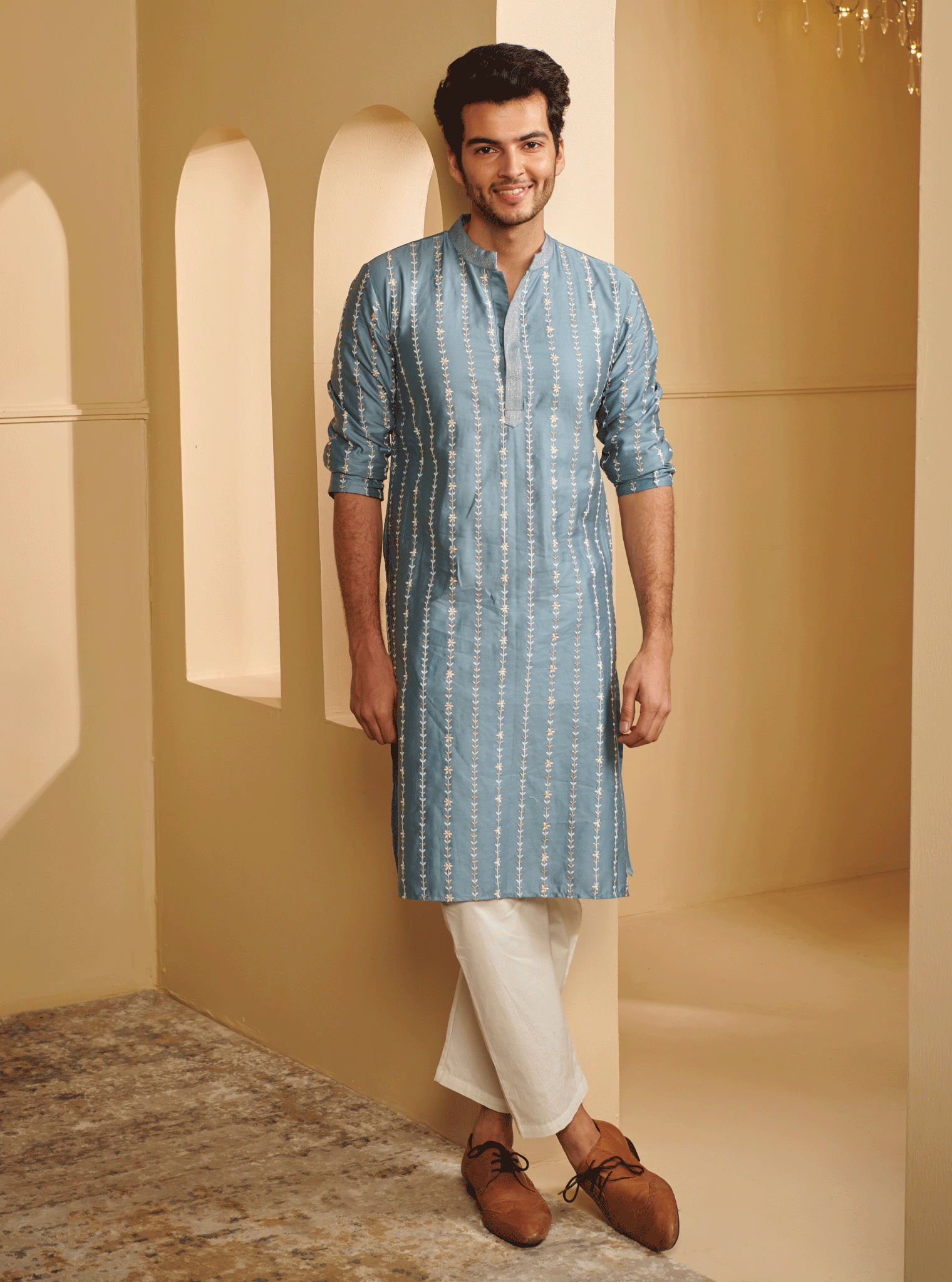 Mulmul Pima Satin Sol Denim Kurta With Mulmul Cotton Sol White Pyajama