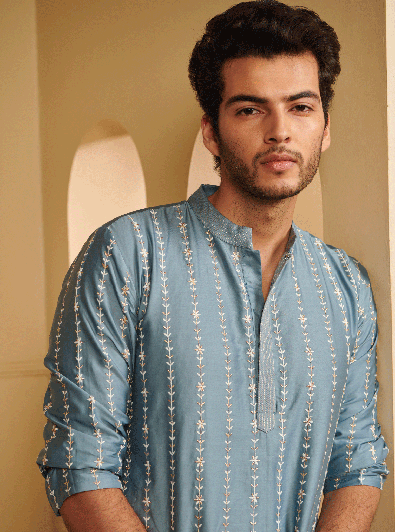 Mulmul Pima Satin Sol Denim Kurta With Mulmul Cotton Sol White Pyajama