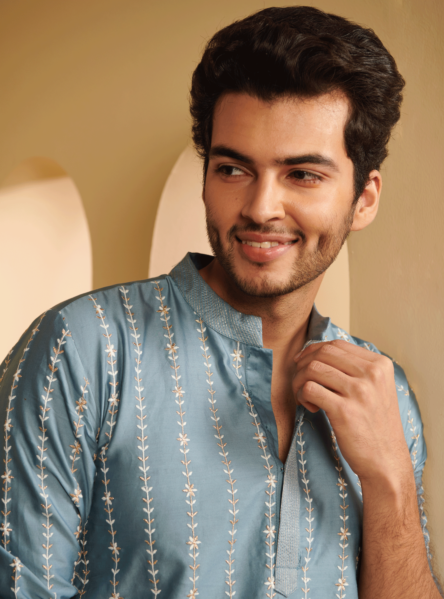 Mulmul Pima Satin Sol Denim Kurta With Mulmul Cotton Sol White Pyajama