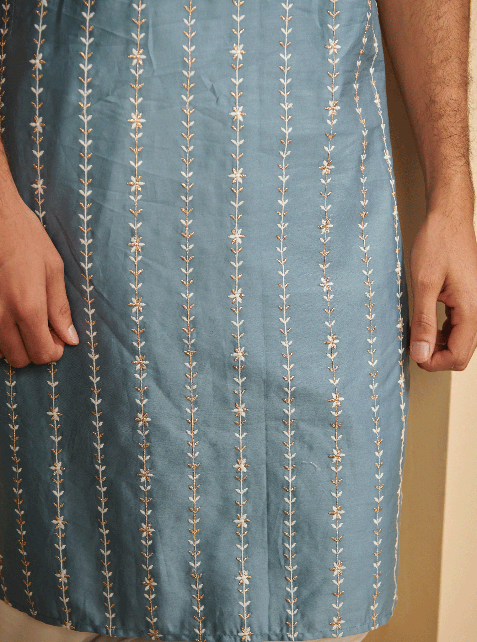 Mulmul Pima Satin Sol Denim Kurta With Mulmul Cotton Sol White Pyajama