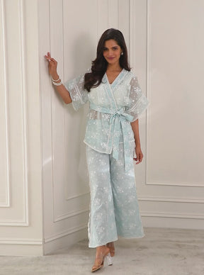 Mulmul Organza Mila Blue Kimono With Cotton Mila Blue Pant