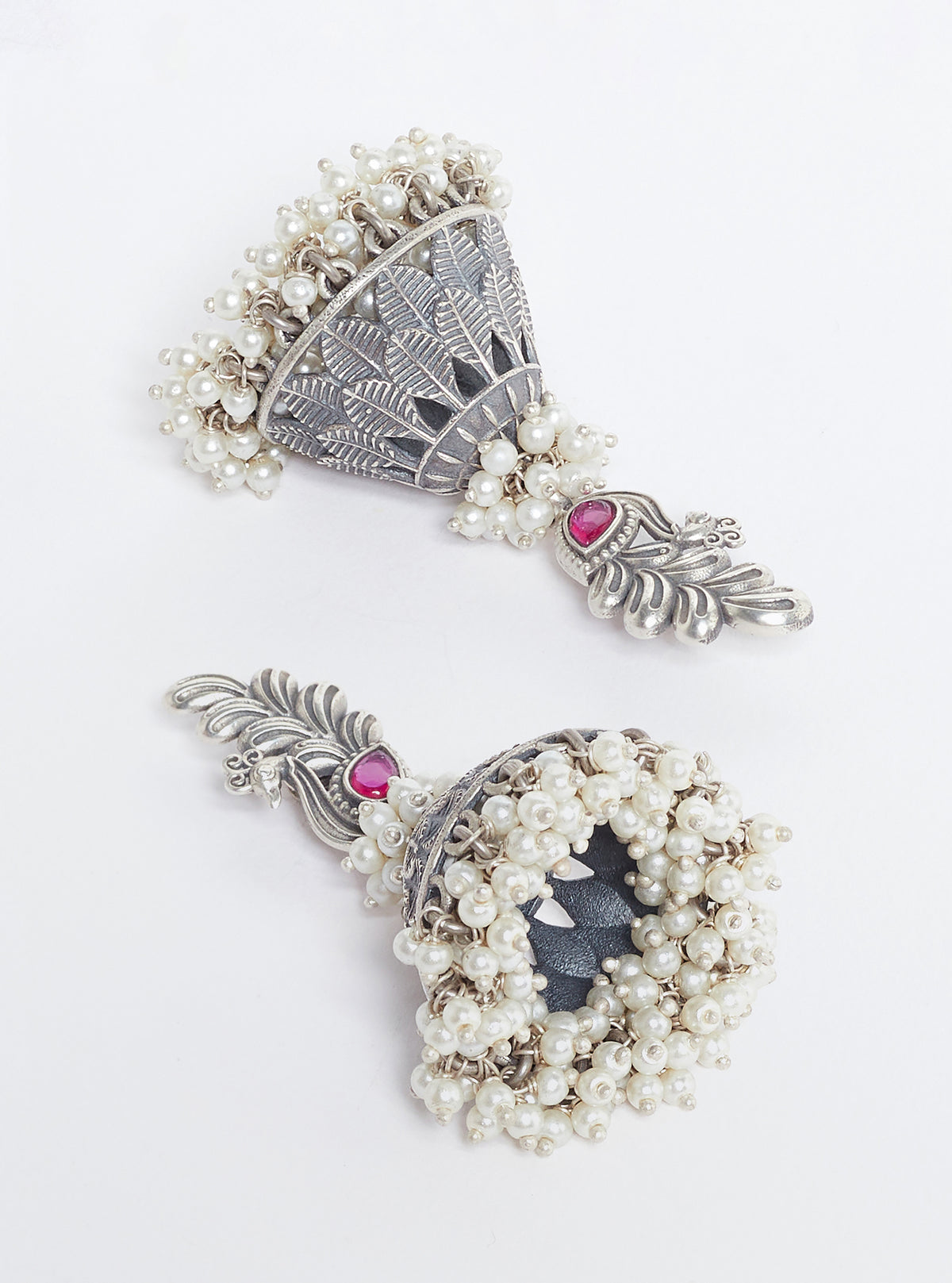 Pure Silver Green Peacock Tribal Jhumka