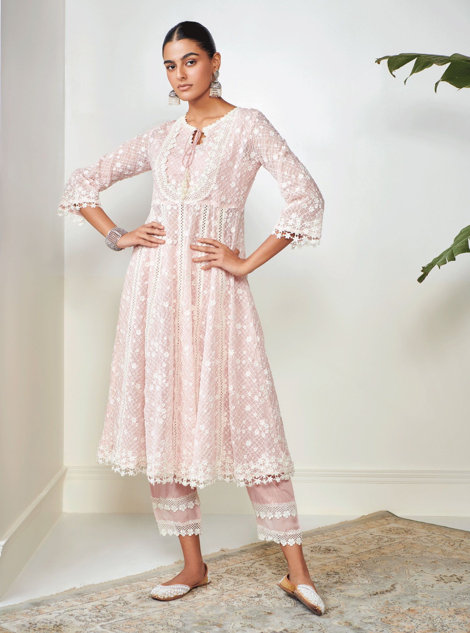 Mulmul Organza Zola Anarkali Pink Kurta With Mulmul Cotton Zola Pink Pant