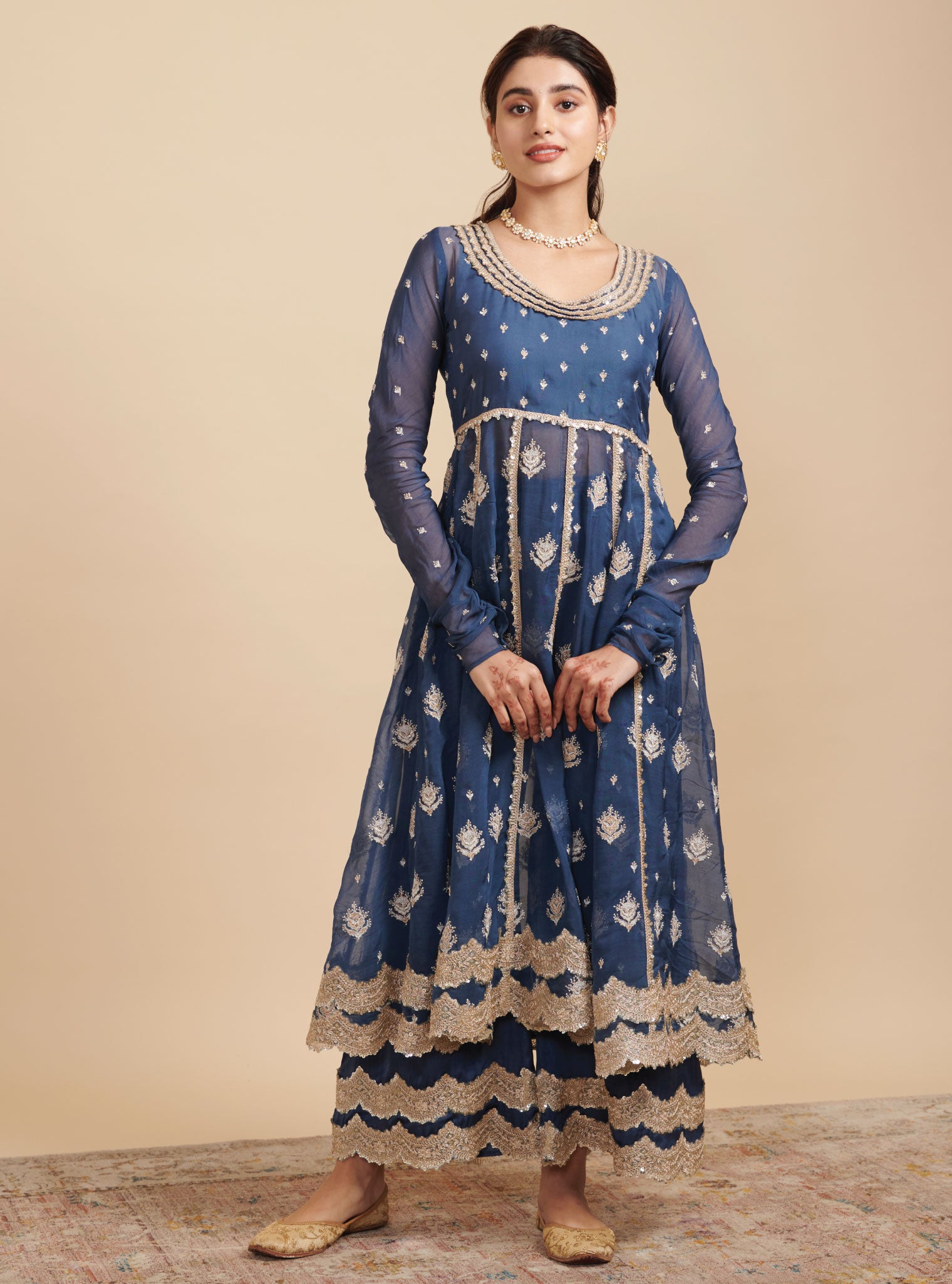 Mulmul Organza Gulabo Navy Anarkali Kurta With Mulmul Cupro Gulabo Navy pant