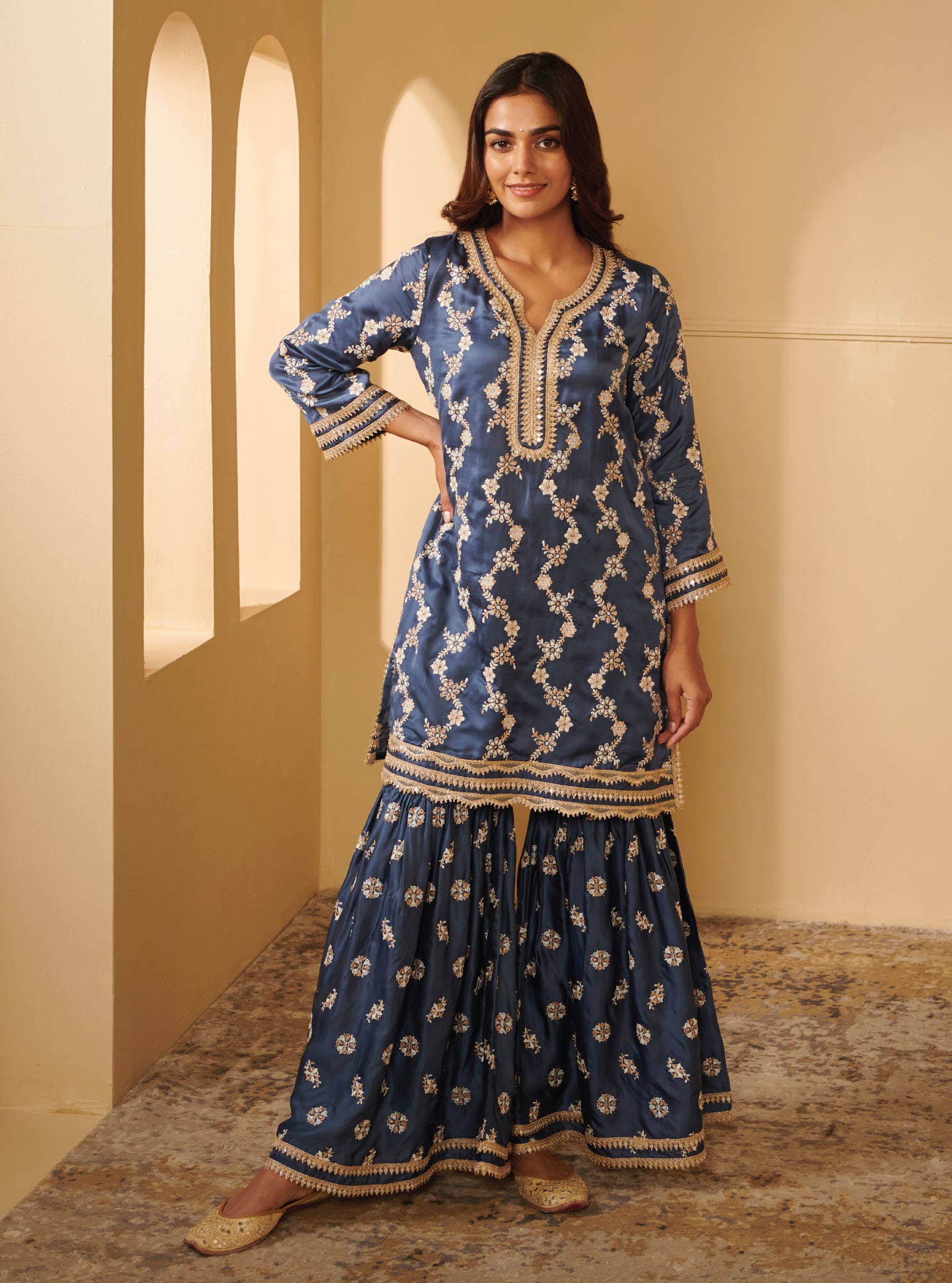 Mulmul Cupro Silk Avinya Blue Kurta With Avinya Blue Garara