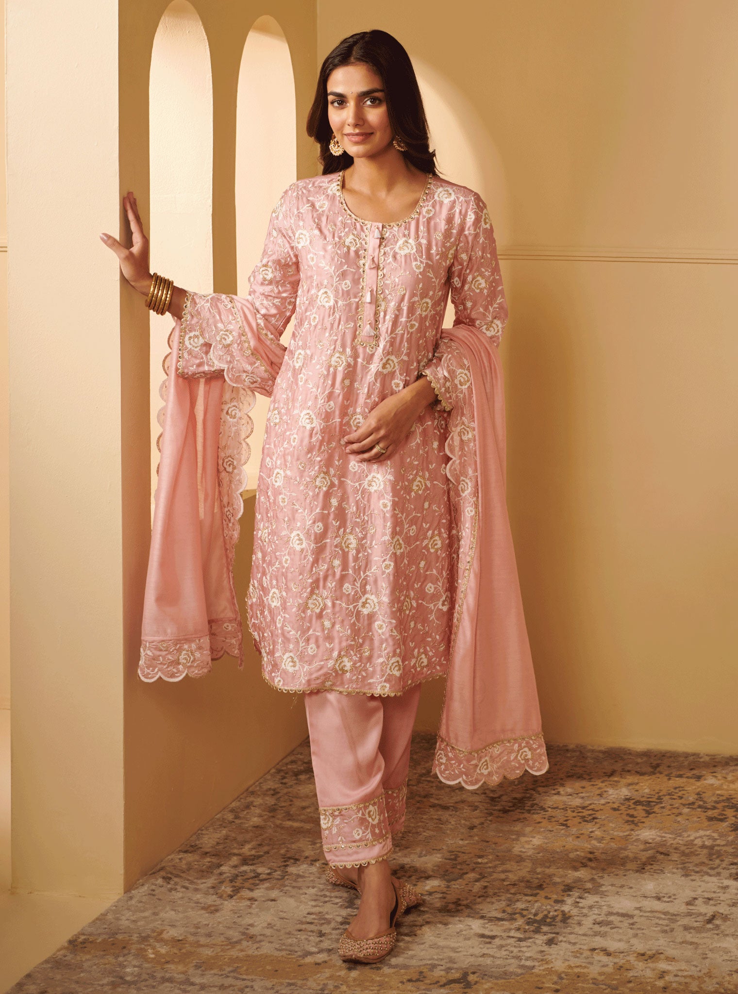 Mulmul Cupro Silk Apti Pink Kurta With Apti Pink Pant