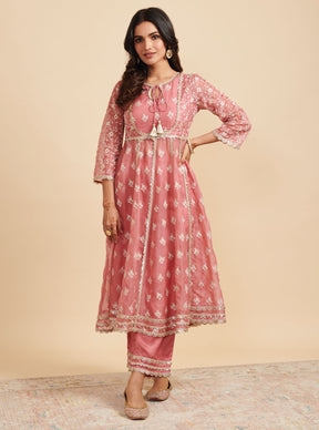 Mulmul Organza Dilbaro Mauve Anarkali Kurta With Mulmul Cupro Dilbaro Mauve pant