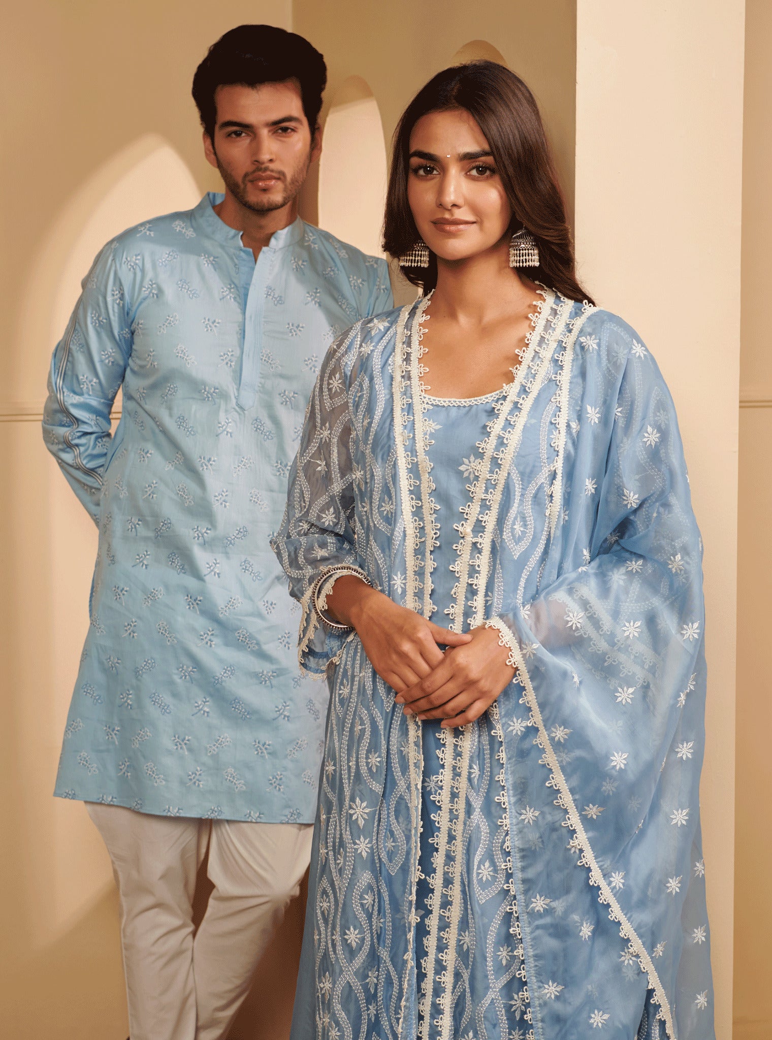 Mulmul Pima Satin Elio light blue Kurta With Mulmul Cotton Elio White Pyajama