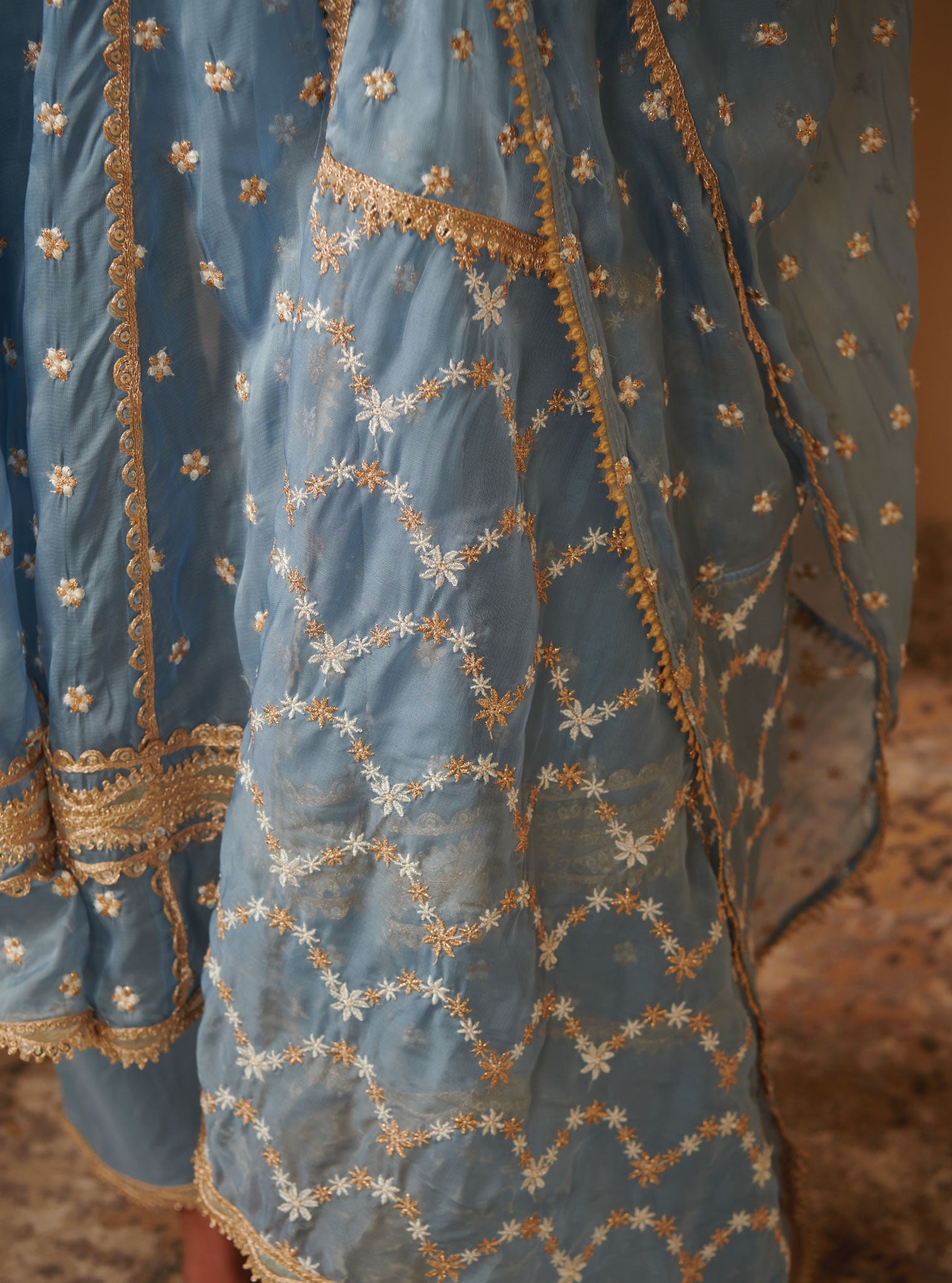 Mulmul Organza Ancita Anarkali Blue Kurta With Mulmul Pima Satin Ancita Blue Pant