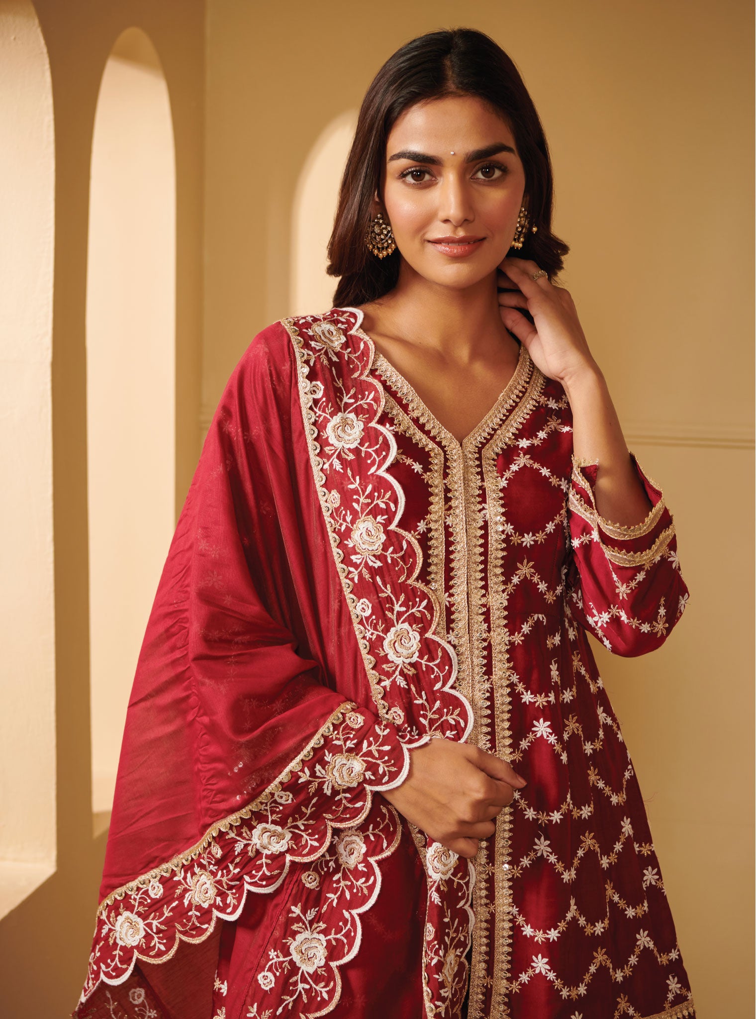 Mulmul Cupro Silk Astita Wine Kurta With Astita Wine Sharara