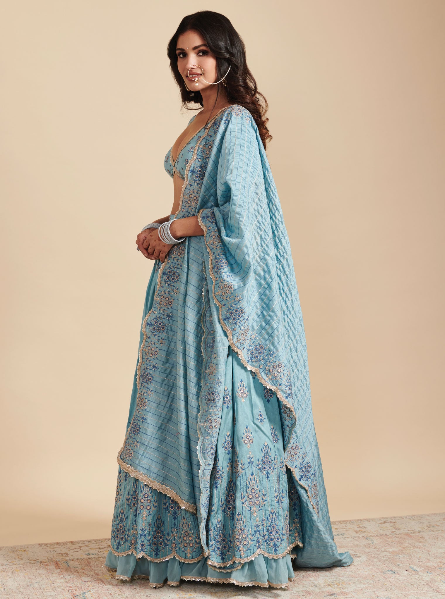 Mulmul Silk Bahaara Blue Lehenga