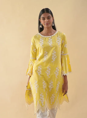 Mulmul Cotton Zuluk Yellow Kurta With Irena White Pant