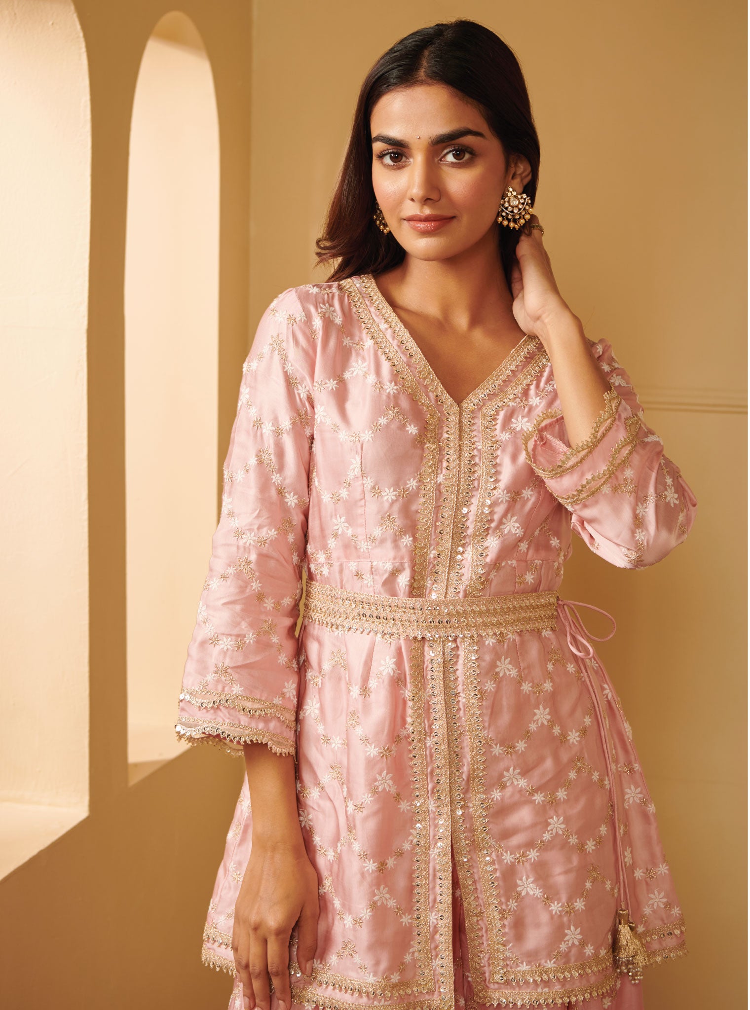 Mulmul Cupro Silk Astita Pink Kurta With Astita Pink Sharara