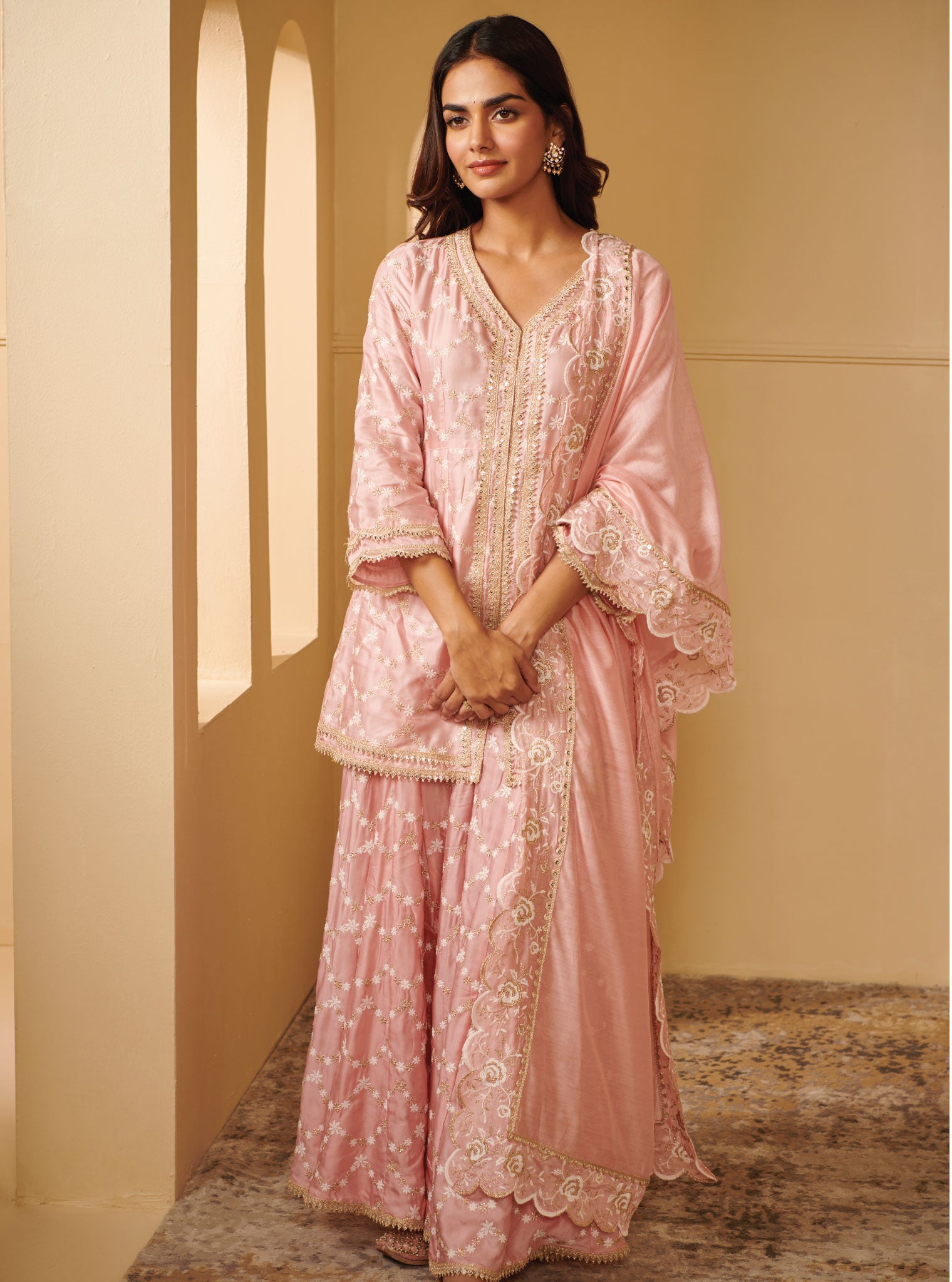 Mulmul Cupro Silk Astita Pink Kurta With Astita Pink Sharara