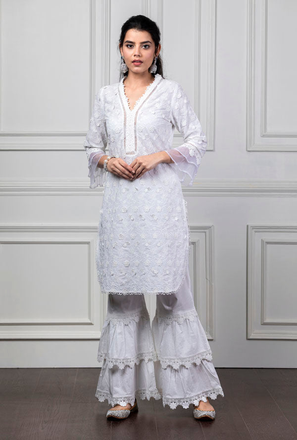 Mulmul Daisy White Kurta With Lace Garara