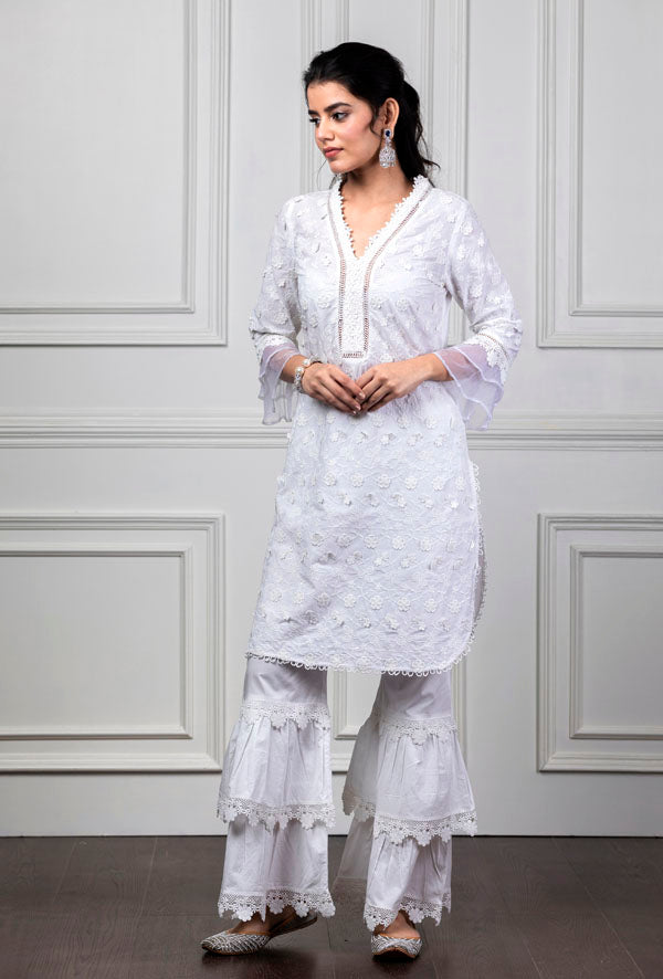 Mulmul Daisy White Kurta With Lace Garara