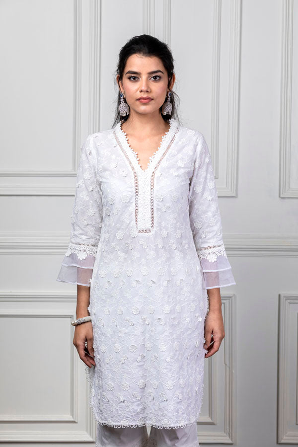 Mulmul Daisy White Kurta With Lace Garara