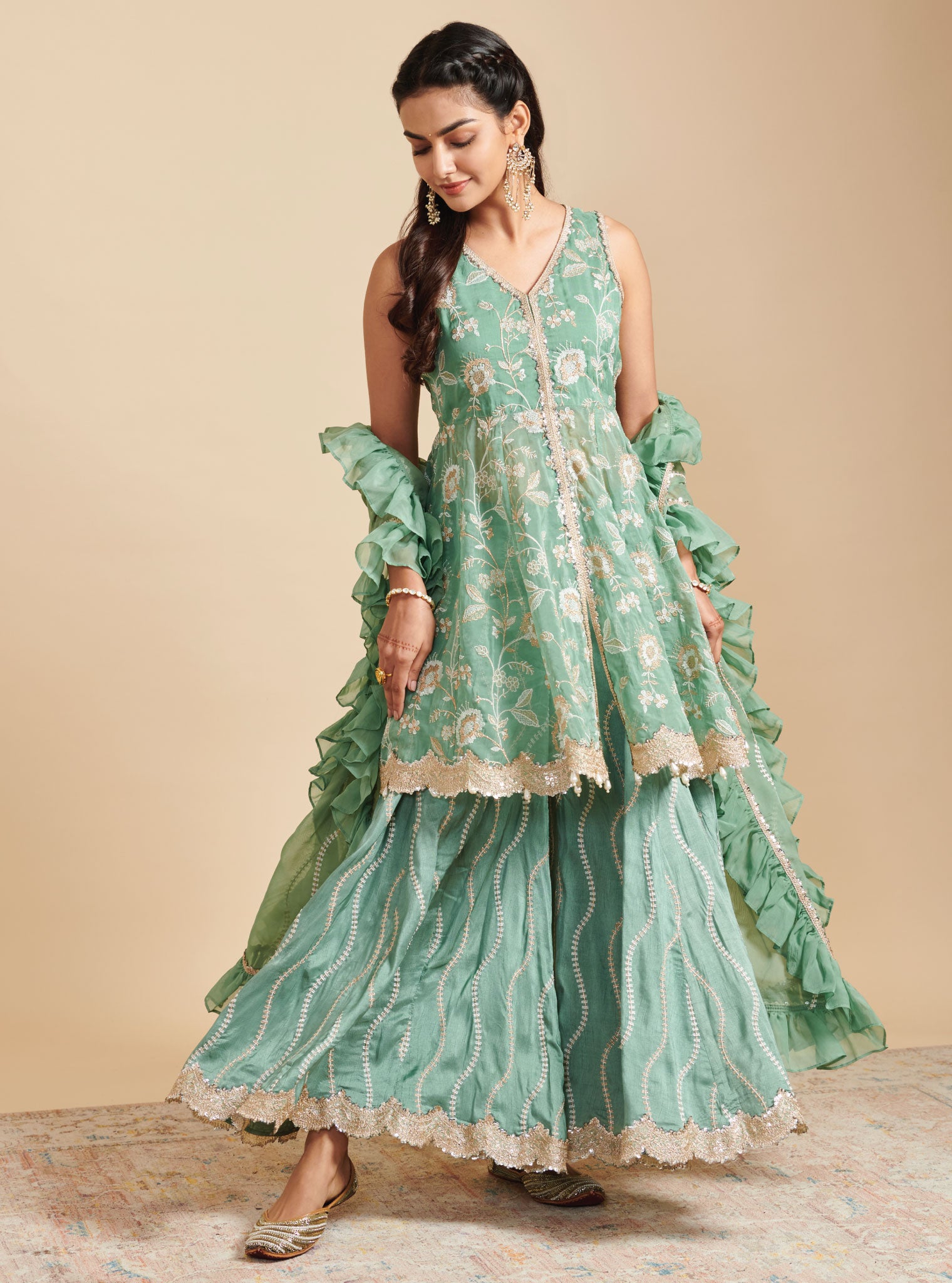 Mulmul Organza Lashkara Green Short Anarkali Kurta With Mulmul Silk Lashkara Green Sharara