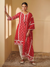 Mulmul Cotton Laiqa Red Kurta With Mulmul Cotton Floral Organza Panelled White Salwar