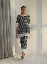 Mulmul Pima Paisley Black Kurta With Paisley Black Pant