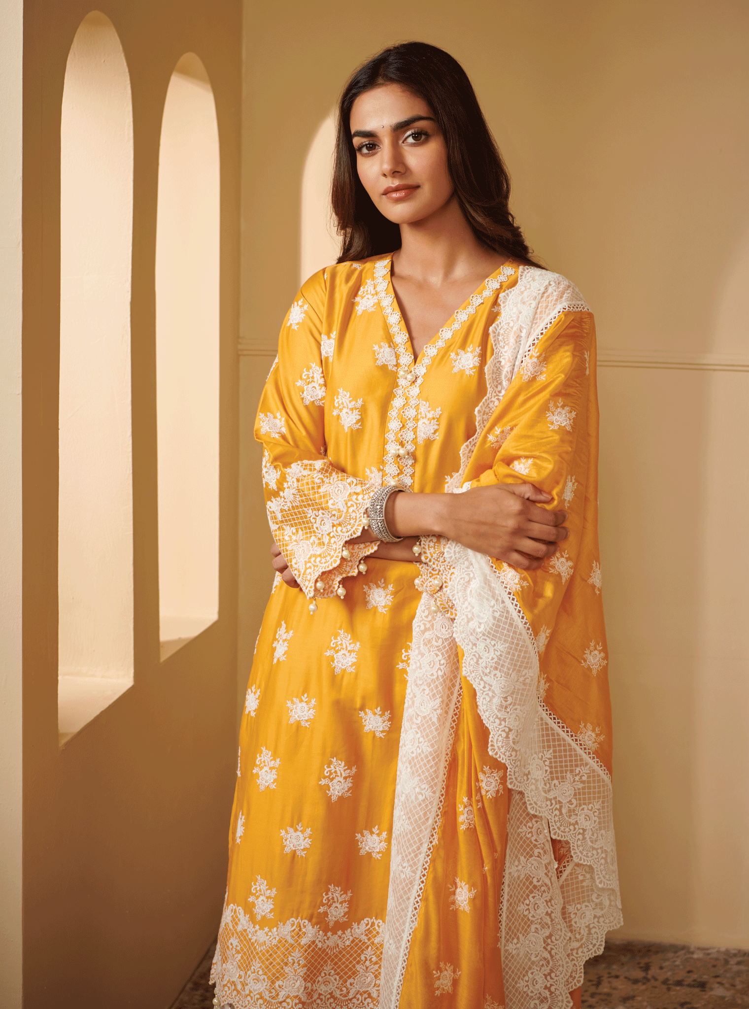 Mulmul Pima Satin Penna Yellow Kurta With Mulmul Cotton New Pintuck White Pant