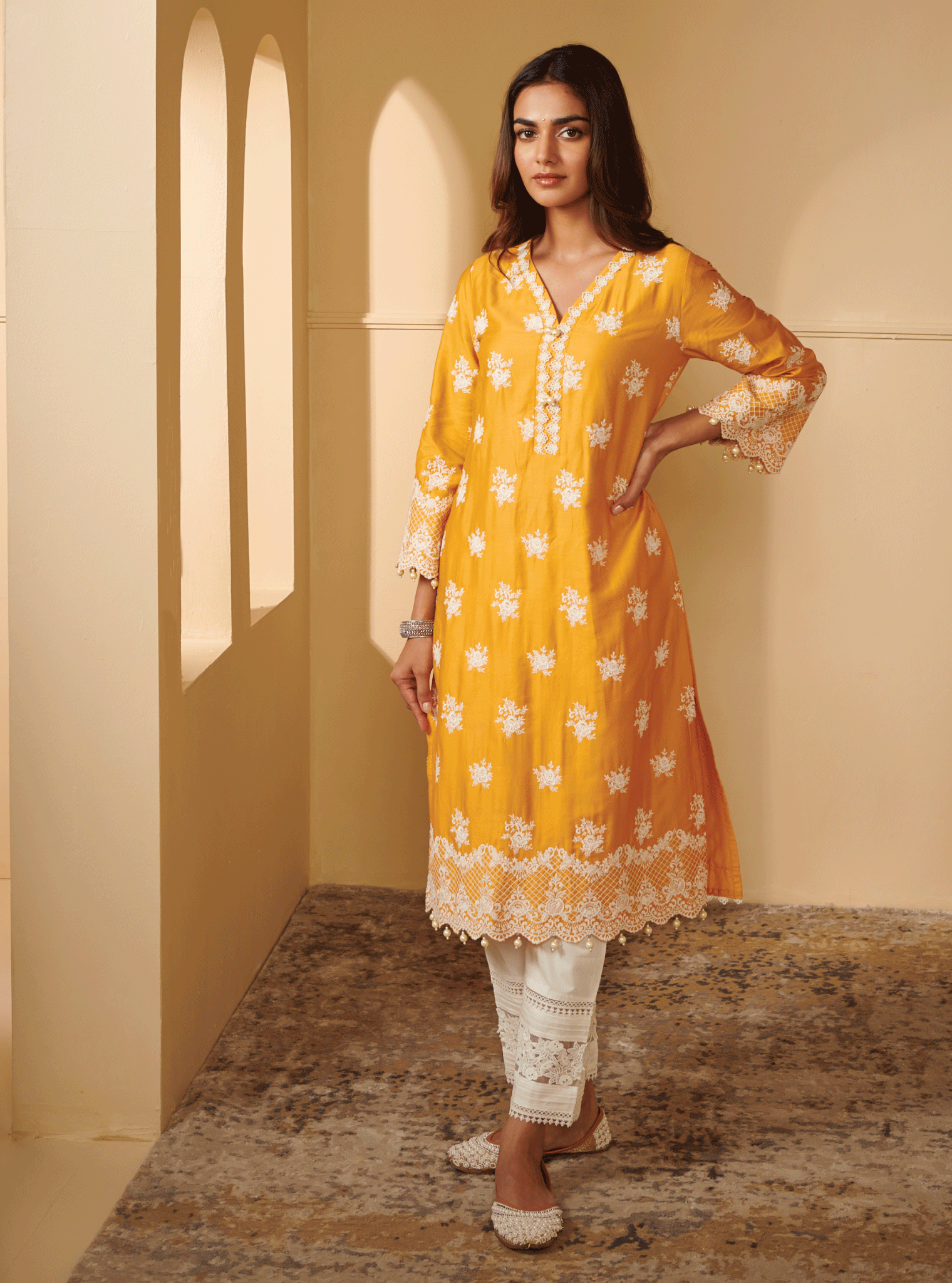 Mulmul Pima Satin Penna Yellow Kurta With Mulmul Cotton New Pintuck White Pant