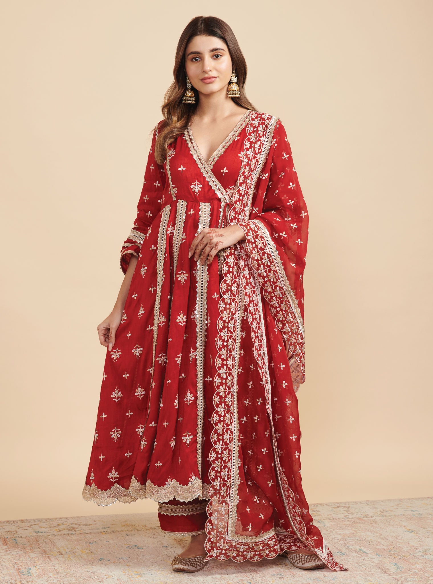 Mulmul Silk Khanak Anarkali Red Kurta With Mulmul Silk Khanak Red Pant