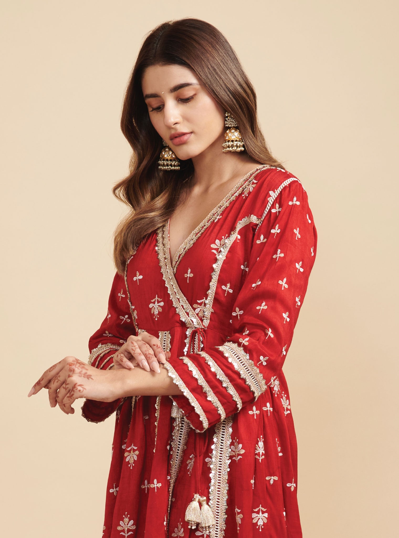 Mulmul Silk Khanak Anarkali Red Kurta With Mulmul Silk Khanak Red Pant