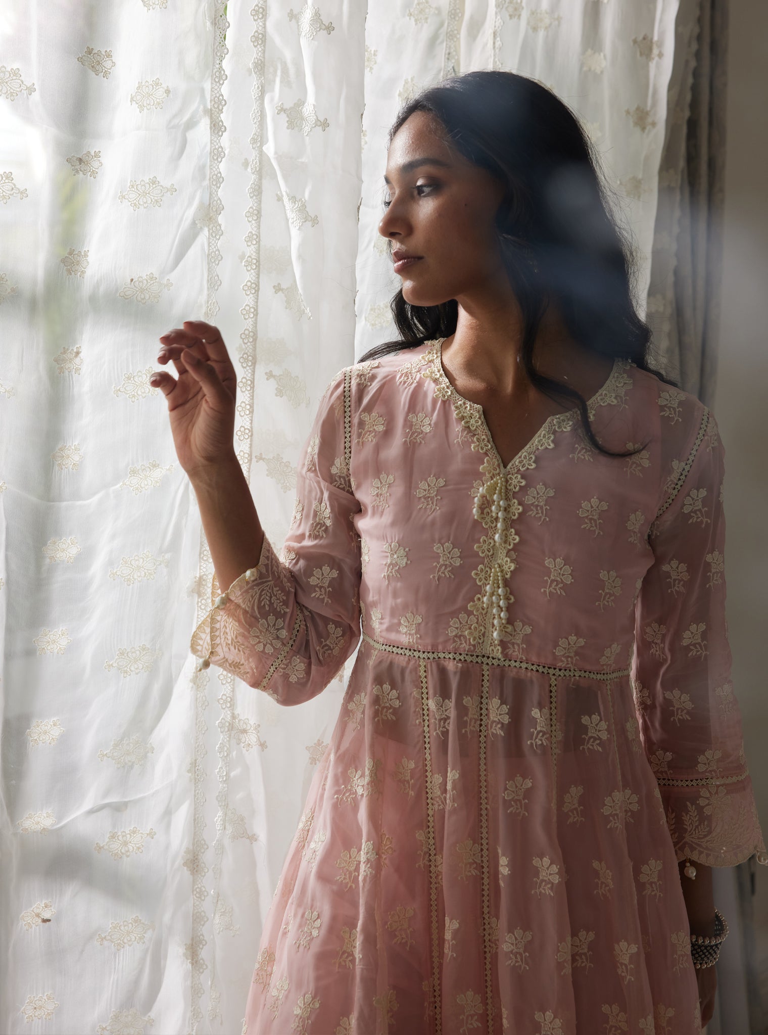 Mulmul Organza Anarkali Surla Pink Kurta With Mulmul Cotton Surla Pink Pant