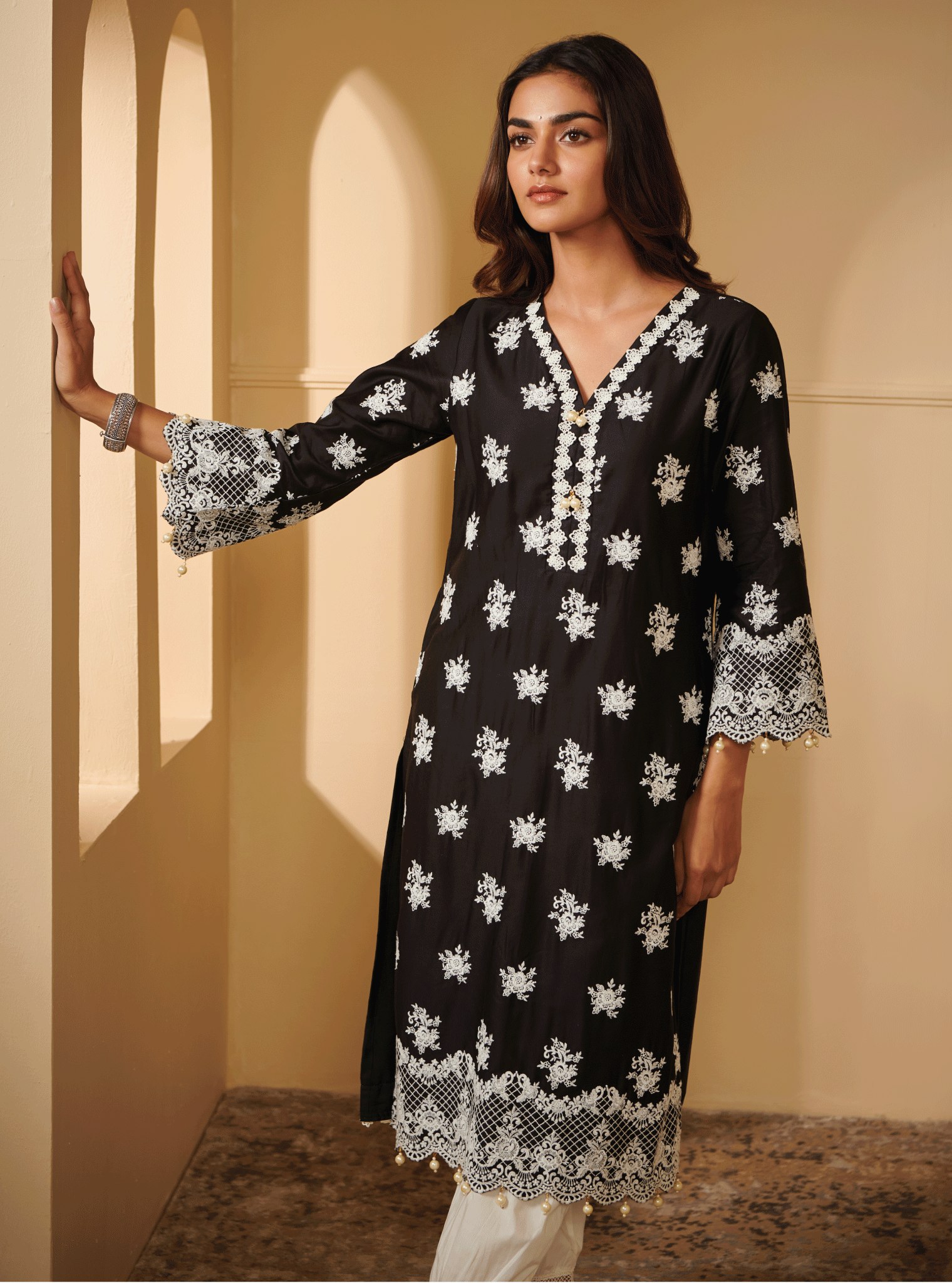 Mulmul Pima Satin Penna Black Kurta With Mulmul Cotton Harem White Pant